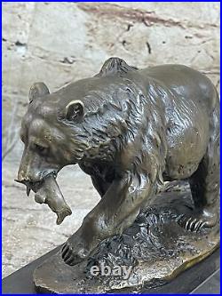 Art Deco Bear Holding Fish Hand Made Bronze Sculpture Marble Base Figurine