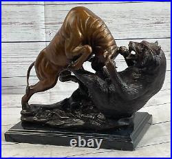 Bull Defeating Bear Wall Street, pure Bronze Sculpture 10 Tall 13 Wide Statue