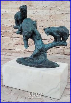 Hand Made Bear Family on Tree Stump Bronze Sculpture Special Patina Artwork Art