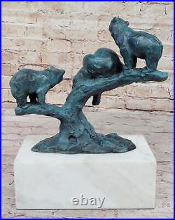 Hand Made Bear Family on Tree Stump Bronze Sculpture Special Patina Artwork Art