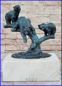 Hand Made Special Patina Bear Family on Tree Stump Bronze Sculpture