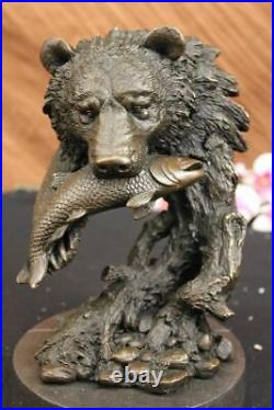Handmade Bear Catching A Fish Hotcast In Real Bronze Art Décor Sculpture Home Nr