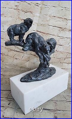 Large Mother Bear With Her Cubs on a Rock Bronze Art Deco Marble Base Statue Milo