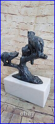 Large Mother Bear With Her Cubs on a Rock Bronze Art Deco Marble Base Statue Milo