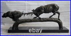 Massive Bear Fighting Stag Genuine Bronze Sculpture Lost Wax Method Decor