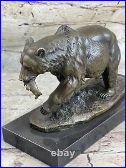 Original Burly Black Bear with His fish Dinner Figurine Bronze Sculpture Decor