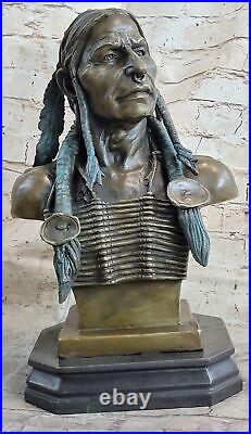 Original Real Bronze Native American Indian Bear Headdress Bust Sculpture Sale