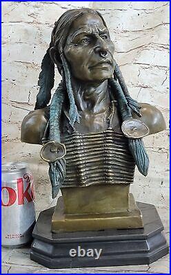 Original Real Bronze Native American Indian Bear Headdress Bust Sculpture Sale