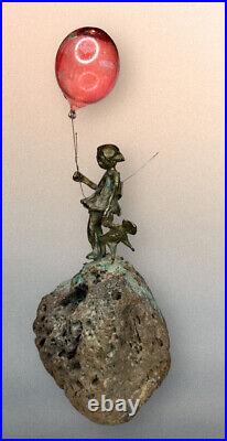 Rare Vintage Malcolm Moran Bronze & Celestite Sculpture Girl With Ballon & Doll