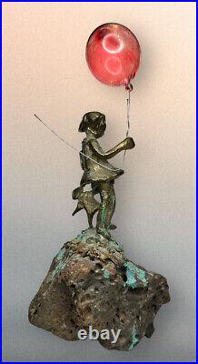 Rare Vintage Malcolm Moran Bronze & Celestite Sculpture Girl With Ballon & Doll