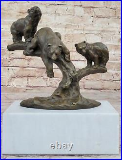Three Bears Playing on a Tree Bronze Metal Art Sculpture Statue on Marble Base