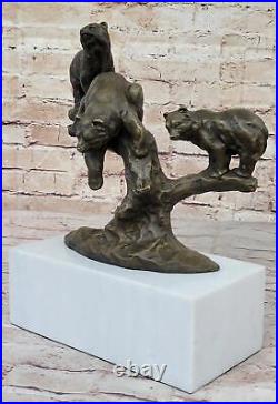 Three Bears Playing on a Tree Bronze Metal Art Sculpture Statue on Marble Base